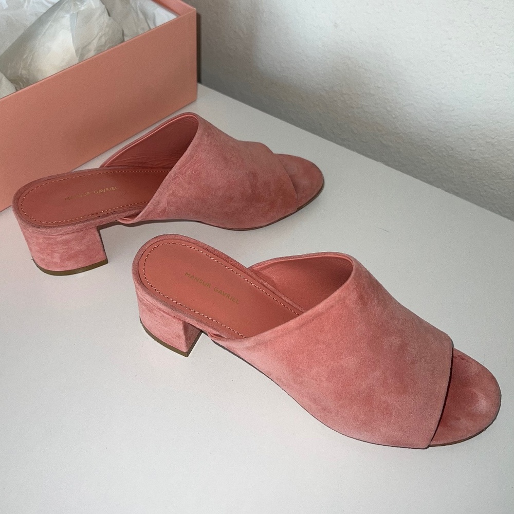 Mansur Gavriel pink suede mules